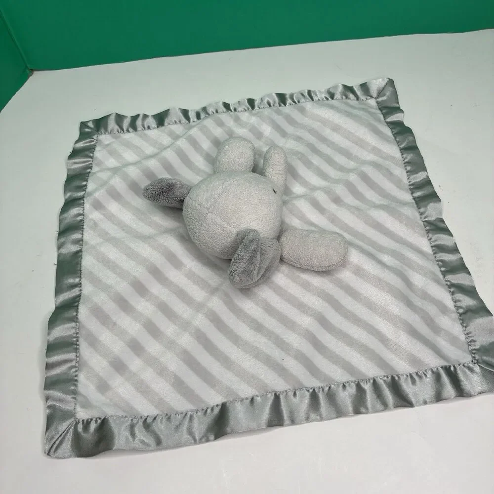 Cloud Island Baby Elephant Lovey Security Blanket Grey White Stripes Satin Back